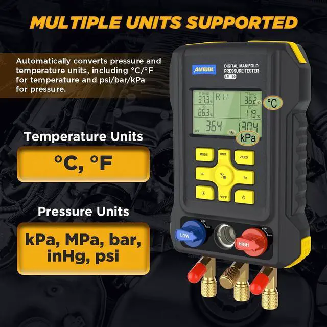 Alt view image 5 of 7 - LM150 Digital HVAC Manifold Gauges - Dual Pressure & Temperature Measurement, Vacuum Level Detection, Refrigerant Identifier with Built-in Database for Air Conditioning & Refrigeration Systems