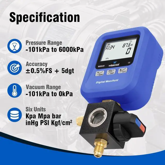 Alt view image 2 of 7 - Digital Manifold Gauge HVAC, R454B,R134A,R410a,R1234yf Pressure Temperature Measure Gauge with LCD Sight Glass 24 Refrigerants for AC Charging