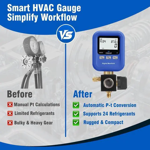 Alt view image 3 of 7 - Digital Manifold Gauge HVAC, R454B,R134A,R410a,R1234yf Pressure Temperature Measure Gauge with LCD Sight Glass 24 Refrigerants for AC Charging