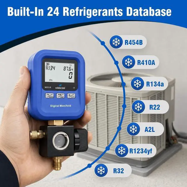 Alt view image 5 of 7 - Digital Manifold Gauge HVAC, R454B,R134A,R410a,R1234yf Pressure Temperature Measure Gauge with LCD Sight Glass 24 Refrigerants for AC Charging