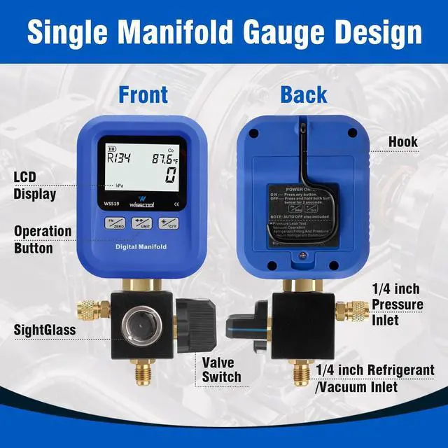 Alt view image 6 of 7 - Digital Manifold Gauge HVAC, R454B,R134A,R410a,R1234yf Pressure Temperature Measure Gauge with LCD Sight Glass 24 Refrigerants for AC Charging