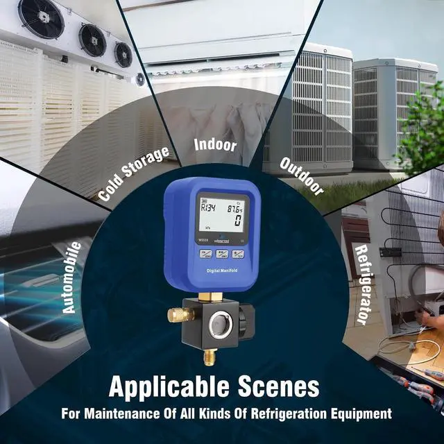 Alt view image 7 of 7 - Digital Manifold Gauge HVAC, R454B,R134A,R410a,R1234yf Pressure Temperature Measure Gauge with LCD Sight Glass 24 Refrigerants for AC Charging