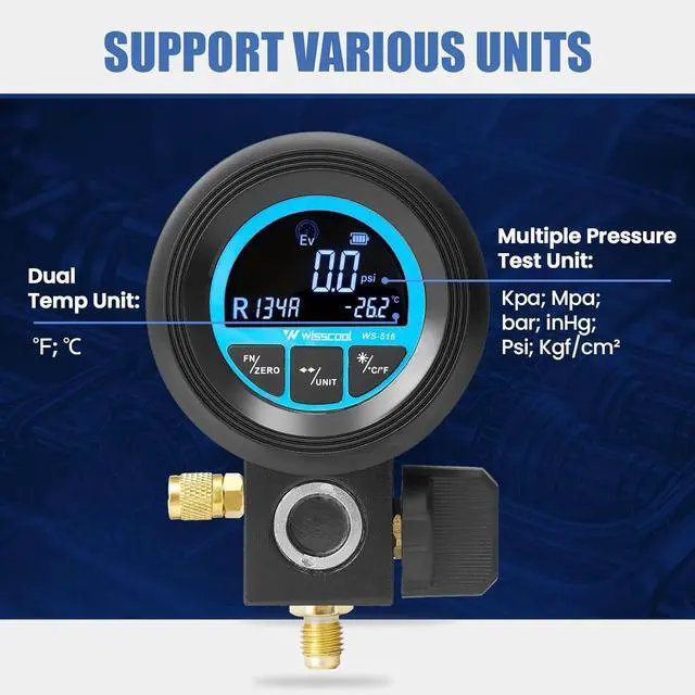 Alt view image 3 of 7 - Digital Gauge HVAC,R134A,R454B,R1234y,R32,R22,R410, Pressure Recharge Manifold Gauge with LCD 24 Kinds Refrigerants Leak Detection AC Single Test Gauges for AC Charging (Blue)