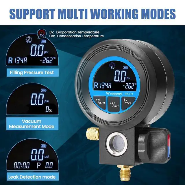 Alt view image 2 of 7 - Digital Gauge HVAC,R134A,R454B,R1234y,R32,R22,R410, Pressure Recharge Manifold Gauge with LCD 24 Kinds Refrigerants Leak Detection AC Single Test Gauges for AC Charging (Blue)