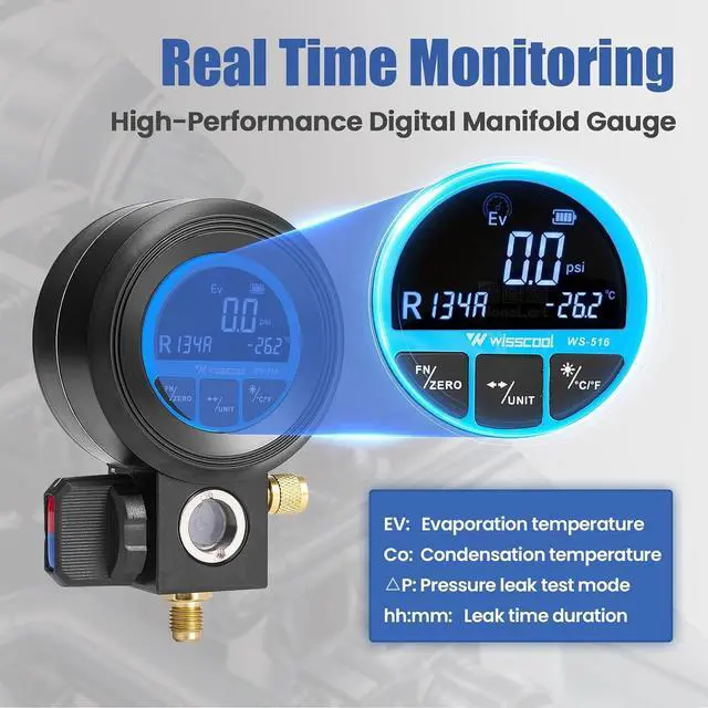 Alt view image 4 of 7 - Digital Gauge HVAC,R134A,R454B,R1234y,R32,R22,R410, Pressure Recharge Manifold Gauge with LCD 24 Kinds Refrigerants Leak Detection AC Single Test Gauges for AC Charging (Blue)