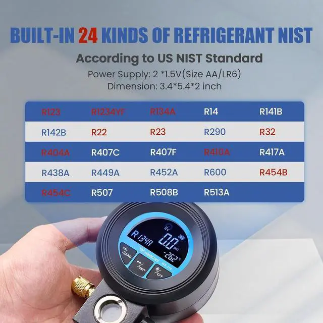 Alt view image 5 of 7 - Digital Gauge HVAC,R134A,R454B,R1234y,R32,R22,R410, Pressure Recharge Manifold Gauge with LCD 24 Kinds Refrigerants Leak Detection AC Single Test Gauges for AC Charging (Blue)