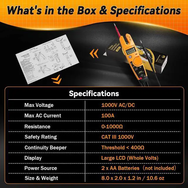 Alt view image 7 of 7 - T5-1000 Electrical Tester Replacement for Fluke T5-1000 Meter, 1000V AC Voltage, Current & Continuity Tester with Open Slot Current Measurement, Thin Probes, Auto Range Meter for Electricians