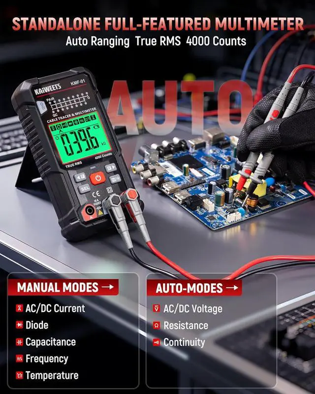 Alt view image 2 of 7 - 3-in-1 Multimeter & Cable Tracer Kit, Auto-Ranging Digital Multimeter with True RMS 4000 Counts, RJ45/RJ11 Wire Tracing & NCV Voltage Detector for Electricians, Home DIY & Auto Repair KMF-01