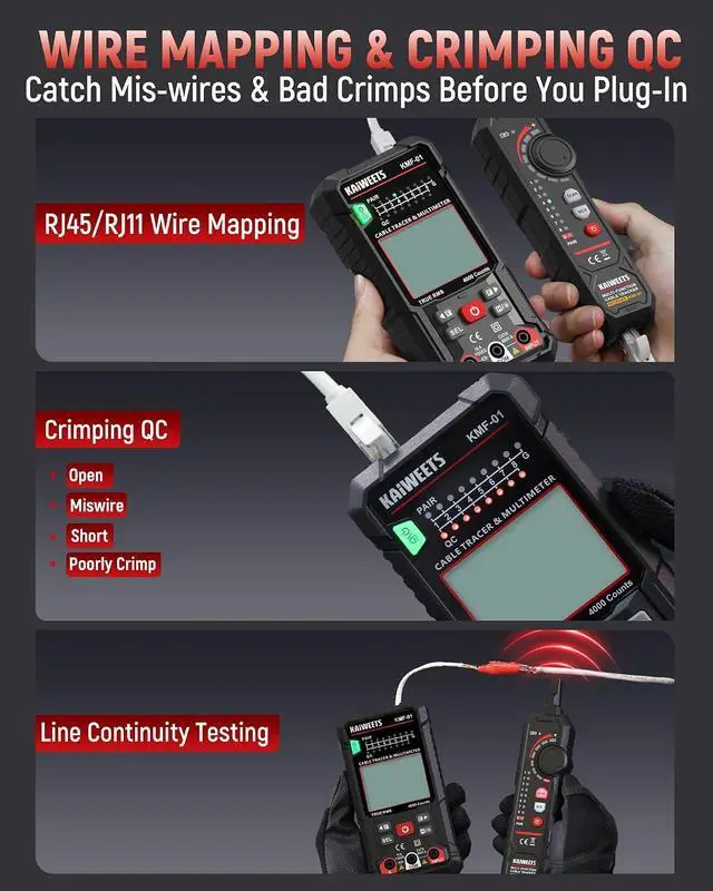 Alt view image 5 of 7 - 3-in-1 Multimeter & Cable Tracer Kit, Auto-Ranging Digital Multimeter with True RMS 4000 Counts, RJ45/RJ11 Wire Tracing & NCV Voltage Detector for Electricians, Home DIY & Auto Repair KMF-01