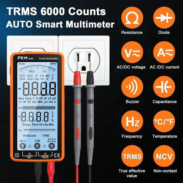 Alt view image 2 of 7 - Digital Multimeter Tester Auto-Ranging TRMS 6000 Counts Smart Rechargeable Voltmeter Electrical Tester Measures AC/DC Current,Voltage,Capacitance,Resistance,NCV,Amp,Ohm,Diodes,Countinuity,Temp