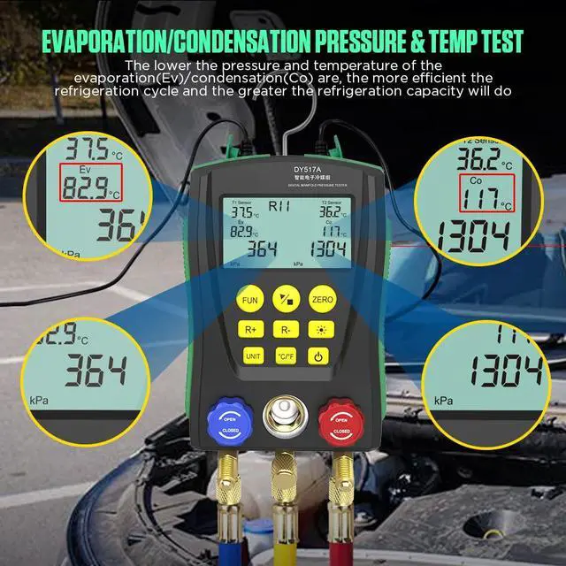 Alt view image 3 of 7 - HVAC Gauges Digital Manifold Gauge Set Dual Pressure&Temp Test 89 Refrigerant Gauges R22 R134A R410A Refrigerant Recharge Kit HVAC Manifold Vacuum AC Gauge with Hoses for Air Conditioning/Refrigerator