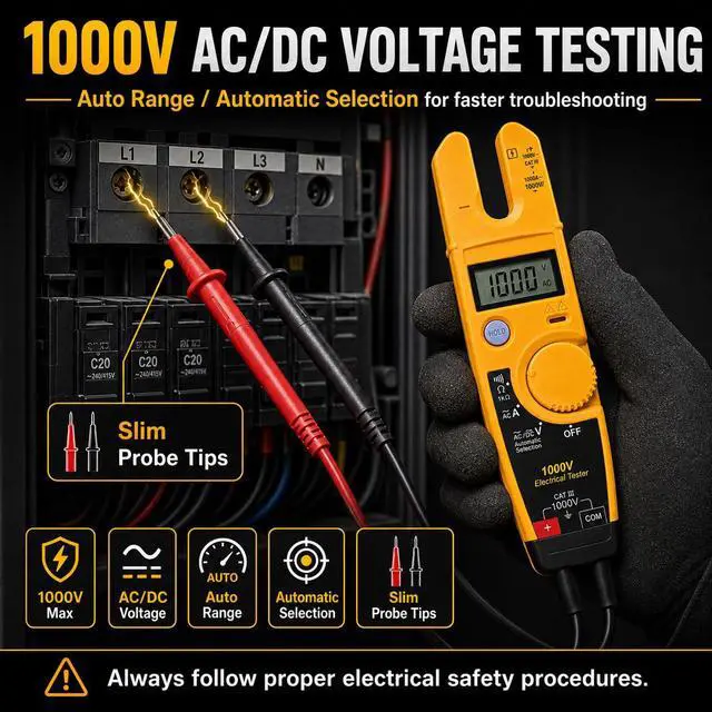 Alt view image 5 of 7 - T5-1000 Electrical Tester Replacement for Fluke T5-1000 Meter, 1000V AC Voltage, Current & Continuity Tester with Open Slot Current Measurement, Thin Probes, Auto Range Meter for Electricians