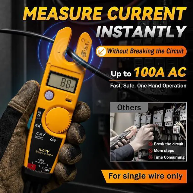 Alt view image 4 of 7 - T5-1000 Electrical Tester Replacement for Fluke T5-1000 Meter, 1000V AC Voltage, Current & Continuity Tester with Open Slot Current Measurement, Thin Probes, Auto Range Meter for Electricians