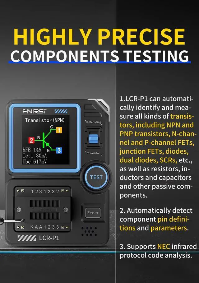 Alt view image 3 of 7 - FNRSI LCR-P1 Transistor Meter Multifunctional Capacitor Tester ESR Diode Triode NPN PNP MOSFET SMD NEC Infrared Decoding Anti-Burn
