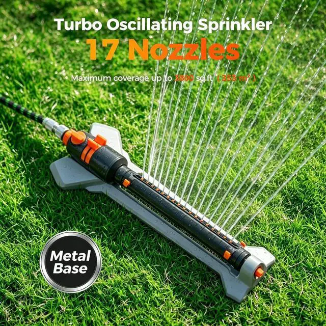 Alt view image 2 of 7 - Turbo Oscillating Water Sprinkler 17 Nozzles Up to 3800 Sq. Ft, Heavy Duty Metal Base & Built-in Filter, Adjustable Width/Range/Flow Rate, Quick-Connect Hose for Lawn, Garden Yard Grass