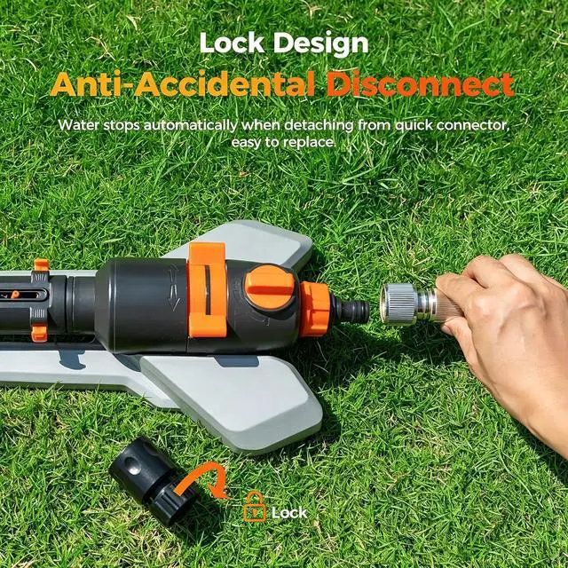 Alt view image 6 of 7 - Turbo Oscillating Water Sprinkler 17 Nozzles Up to 3800 Sq. Ft, Heavy Duty Metal Base & Built-in Filter, Adjustable Width/Range/Flow Rate, Quick-Connect Hose for Lawn, Garden Yard Grass