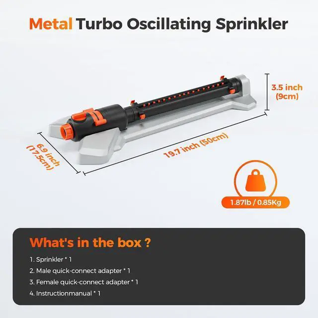 Alt view image 7 of 7 - Turbo Oscillating Water Sprinkler 17 Nozzles Up to 3800 Sq. Ft, Heavy Duty Metal Base & Built-in Filter, Adjustable Width/Range/Flow Rate, Quick-Connect Hose for Lawn, Garden Yard Grass