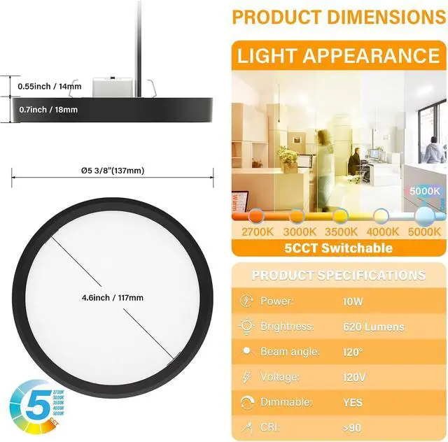 Alt view image 2 of 7 - 5 Inch Black Flush Mount Ceiling Light 5CCT Selectable LED Edgelit Slim Surface Mount Downlight for J-Box, Mini Flat Panel Light, Dimmable, 120VAC, 10W, 620LM, CRI90, ETL, Wet Rated, 12 Packs