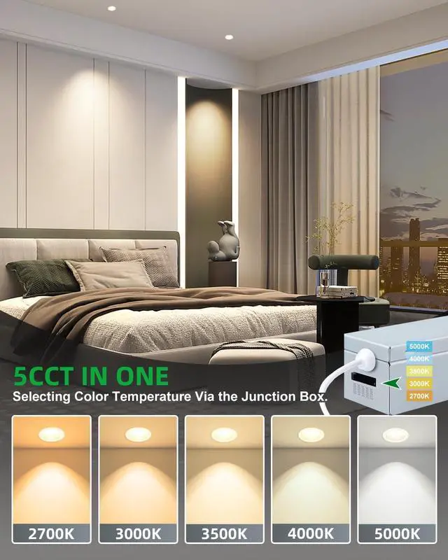 Alt view image 2 of 7 - 2 Inch LED Recessed Lighting, 5CCT Anti-Glare Downlight with Junction Box, Dimmable, 2700K-5000K Selectable, 8W COB 840LM, IP65 Wet Rated, CRI90+, ETL & Energy Star, (White, 2 inch 12 Pack)
