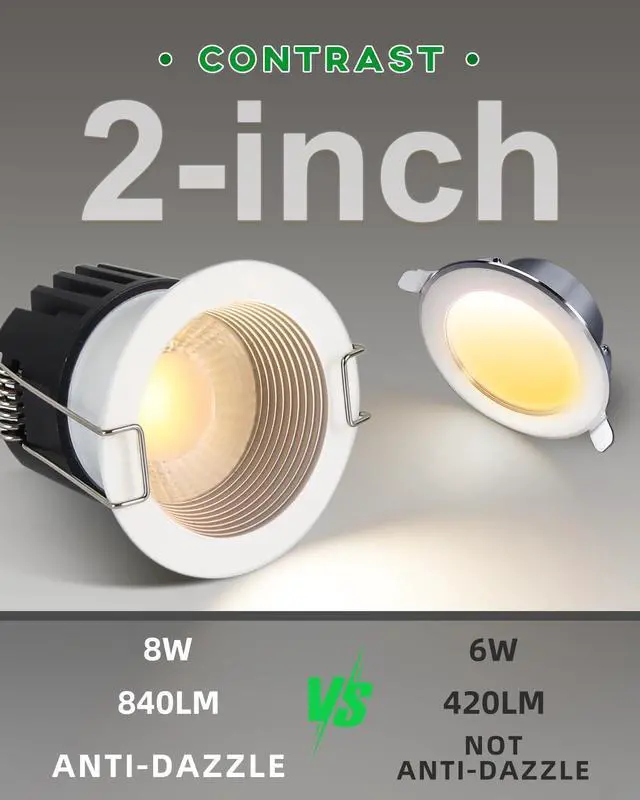 Alt view image 7 of 7 - 2 Inch LED Recessed Lighting, 5CCT Anti-Glare Downlight with Junction Box, Dimmable, 2700K-5000K Selectable, 8W COB 840LM, IP65 Wet Rated, CRI90+, ETL & Energy Star, (White, 2 inch 12 Pack)