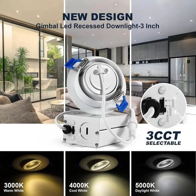Alt view image 2 of 7 - 4 Packs 3 Inch Gimbal Led Recessed Light with Junction Box 10w,Waterproof recessed Lights for Shower,3 Colors Adjustable,Suitable for Bathroom,Parlor,Bedroom,Kitchen,Balcony