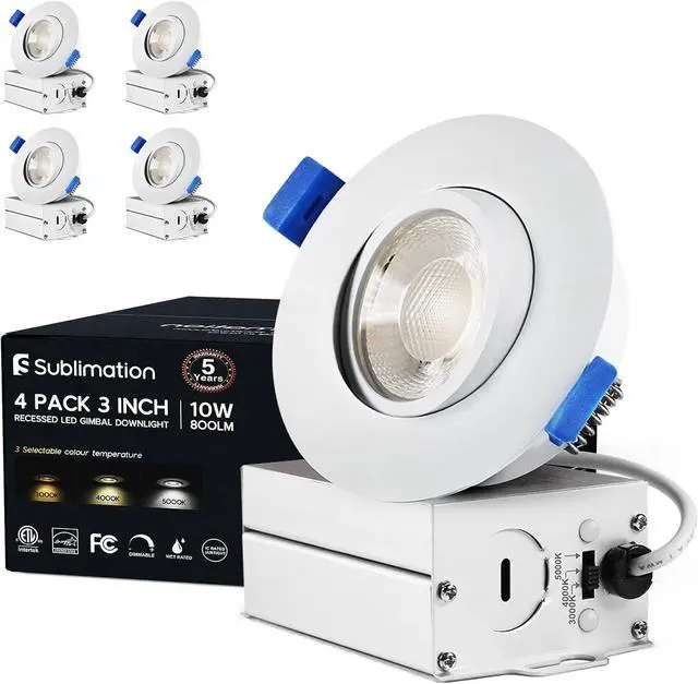 Main image of 4 Packs 3 Inch Gimbal Led Recessed Light with Junction Box 10w,Waterproof recessed Lights for Shower,3 Colors Adjustable,Suitable for Bathroom,Parlor,Bedroom,Kitchen,Balcony