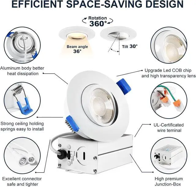 Alt view image 4 of 7 - 4 Packs 3 Inch Gimbal Led Recessed Light with Junction Box 10w,Waterproof recessed Lights for Shower,3 Colors Adjustable,Suitable for Bathroom,Parlor,Bedroom,Kitchen,Balcony