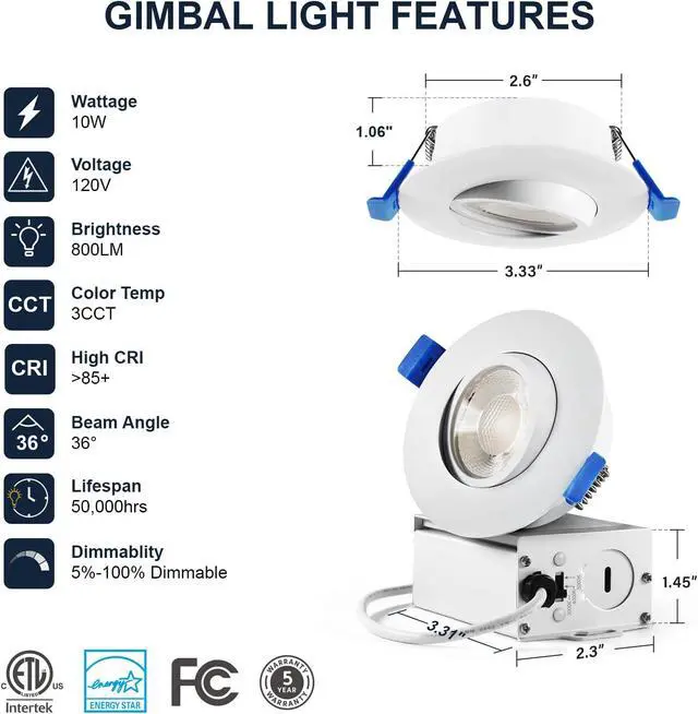 Alt view image 5 of 7 - 4 Packs 3 Inch Gimbal Led Recessed Light with Junction Box 10w,Waterproof recessed Lights for Shower,3 Colors Adjustable,Suitable for Bathroom,Parlor,Bedroom,Kitchen,Balcony