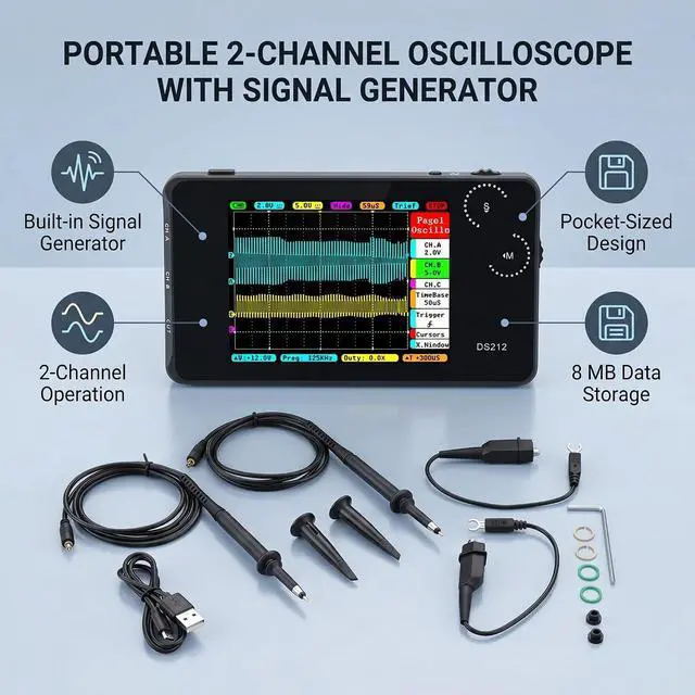 Alt view image 3 of 7 - DS212 Mini Oscilloscope Portable Digital Storage Oscilloscope Pocket Size 2 Channel Oscilloscope with USB Interface for Electronic Engineering Repair
