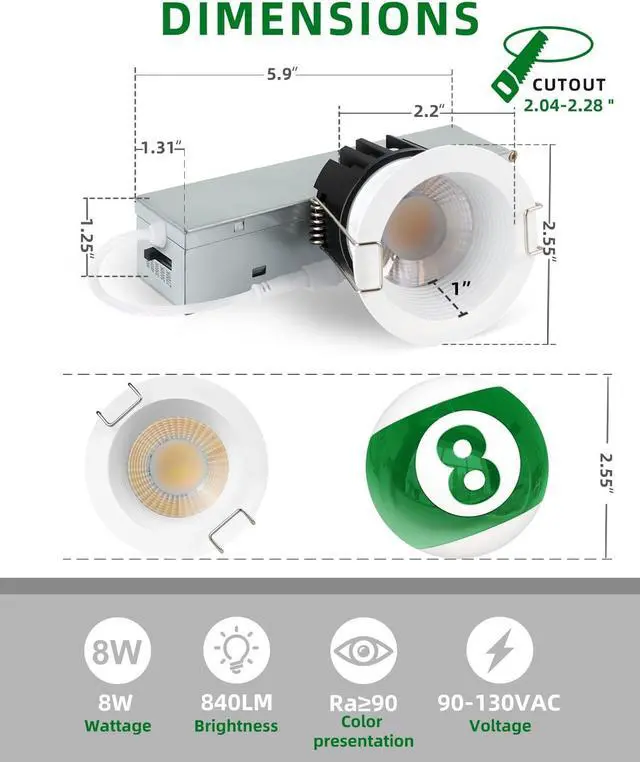 Alt view image 5 of 7 - 2 Inch LED Recessed Lighting, 5CCT Anti-Glare Downlight with Junction Box, Dimmable, 2700K-5000K Selectable, 8W COB 840LM, IP65 Wet Rated, CRI90+, ETL & Energy Star, (White, 2 inch 12 Pack)