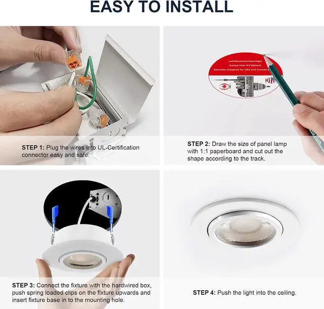 Alt view image 6 of 7 - 4 Packs 3 Inch Gimbal Led Recessed Light with Junction Box 10w,Waterproof recessed Lights for Shower,3 Colors Adjustable,Suitable for Bathroom,Parlor,Bedroom,Kitchen,Balcony