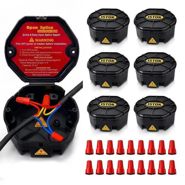 Main image of Premium Open Splice Junction Box (6 Pack), 18 Twist-On Wire Connectors, Electrical Box for Wiring, PP+ABS V0 Flame Retardant, DIY Installation Kit with Screws for Home, Garage & Workshop