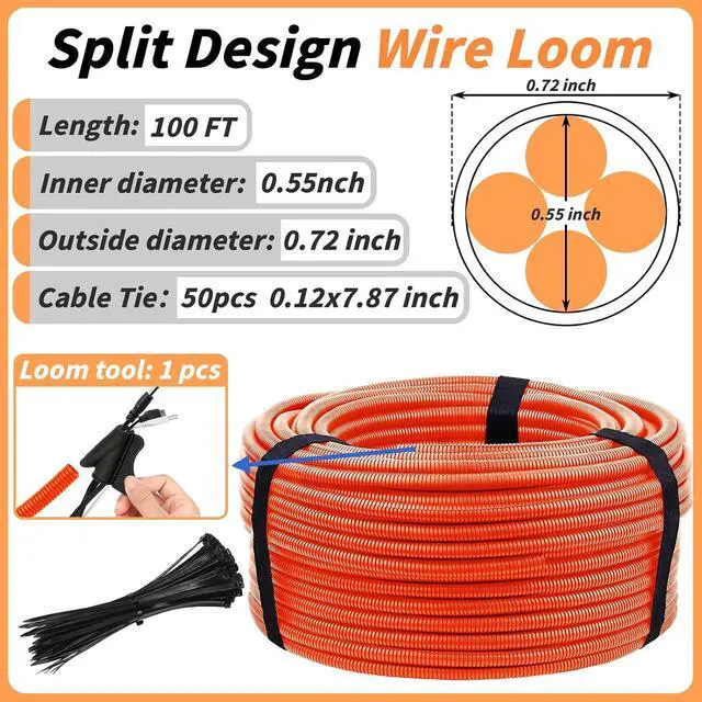 Alt view image 2 of 7 - 100FT Orange Split Wire Loom Tubing, 3/4 Inch Wire Protector Tubing, Automotive Wire Flexible Conduit Cord Covers with Installation Tool 50 Cable Ties for RV Agriculture Electrical Cable Protection