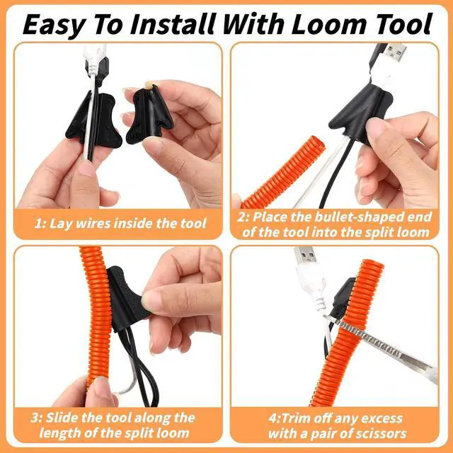 Alt view image 4 of 7 - 100FT Orange Split Wire Loom Tubing, 3/4 Inch Wire Protector Tubing, Automotive Wire Flexible Conduit Cord Covers with Installation Tool 50 Cable Ties for RV Agriculture Electrical Cable Protection