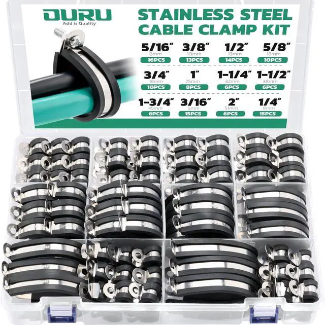 Main image of 125PCS Cable Clamp,12 Sizes Stainless Steel Rubber Coated Cushioned Insulated Cable Clamps Assortment Kit-Metal Wire Clamps,Cable Clips,Pipe Clamps