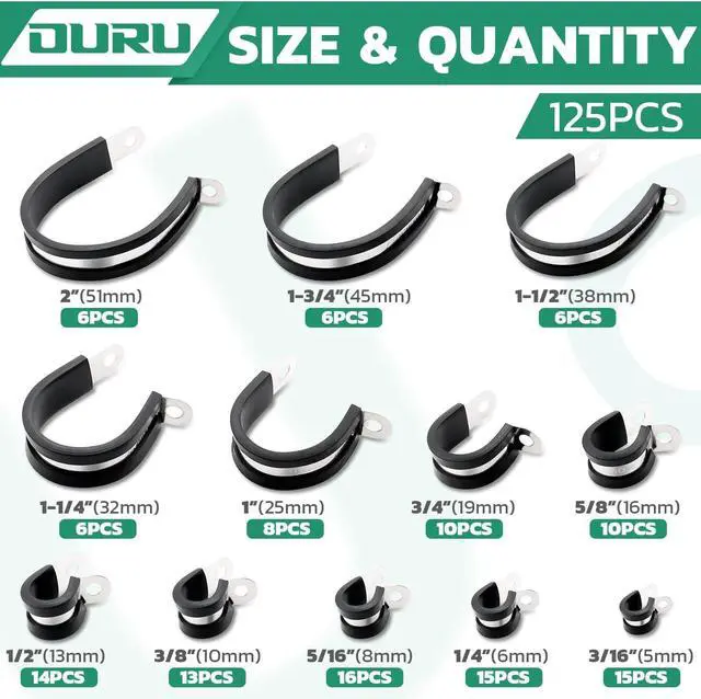 Alt view image 2 of 7 - 125PCS Cable Clamp,12 Sizes Stainless Steel Rubber Coated Cushioned Insulated Cable Clamps Assortment Kit-Metal Wire Clamps,Cable Clips,Pipe Clamps