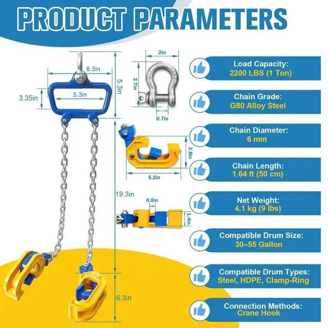 Alt view image 2 of 7 - Chain Drum Lifter 2000 LBS Capacity with Spring-Loaded Locking Hooks | 55 Gallon Drum Lift, Standard Version Barrel Lifter with G80 Chains for Chemical & Construction Lifting