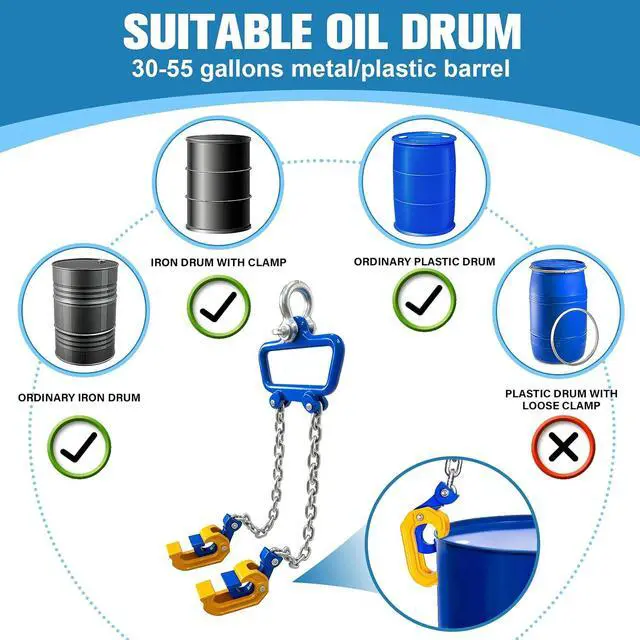 Alt view image 5 of 7 - Chain Drum Lifter 2000 LBS Capacity with Spring-Loaded Locking Hooks | 55 Gallon Drum Lift, Standard Version Barrel Lifter with G80 Chains for Chemical & Construction Lifting