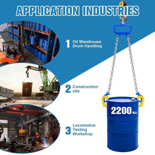 Alt view image 6 of 7 - Chain Drum Lifter 2000 LBS Capacity with Spring-Loaded Locking Hooks | 55 Gallon Drum Lift, Standard Version Barrel Lifter with G80 Chains for Chemical & Construction Lifting