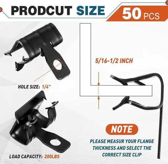Alt view image 2 of 6 - 50 Pcs Hammer-On Flange Clip Side Mount 5/16-1/2 Inch Clamp for Beam with Hole Cable Clip for Flanges Spring Steel