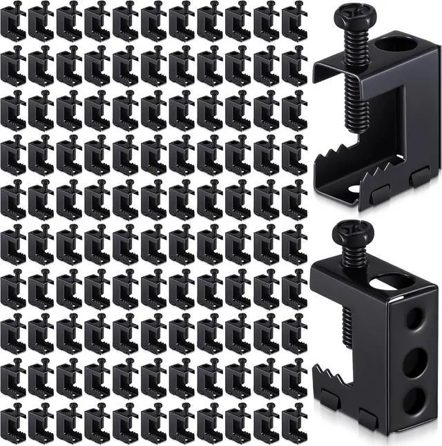 Main image of 100 Pcs 1/4"-20 Spring Steel Beam Clamps Metal Beam Hangers Bolt on Clamp for Installation on Beams 1/4" and 3/8" Threaded Rod, S Hooks Bridle Rings for Pipe Cable Woodworking Tool (Black)