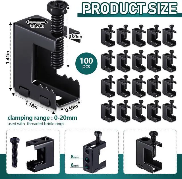 Alt view image 2 of 6 - 100 Pcs 1/4"-20 Spring Steel Beam Clamps Metal Beam Hangers Bolt on Clamp for Installation on Beams 1/4" and 3/8" Threaded Rod, S Hooks Bridle Rings for Pipe Cable Woodworking Tool (Black)