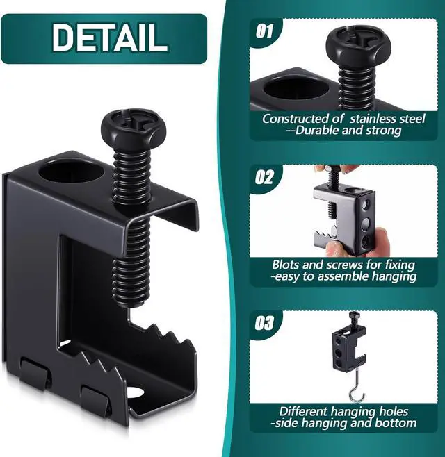 Alt view image 3 of 6 - 100 Pcs 1/4"-20 Spring Steel Beam Clamps Metal Beam Hangers Bolt on Clamp for Installation on Beams 1/4" and 3/8" Threaded Rod, S Hooks Bridle Rings for Pipe Cable Woodworking Tool (Black)