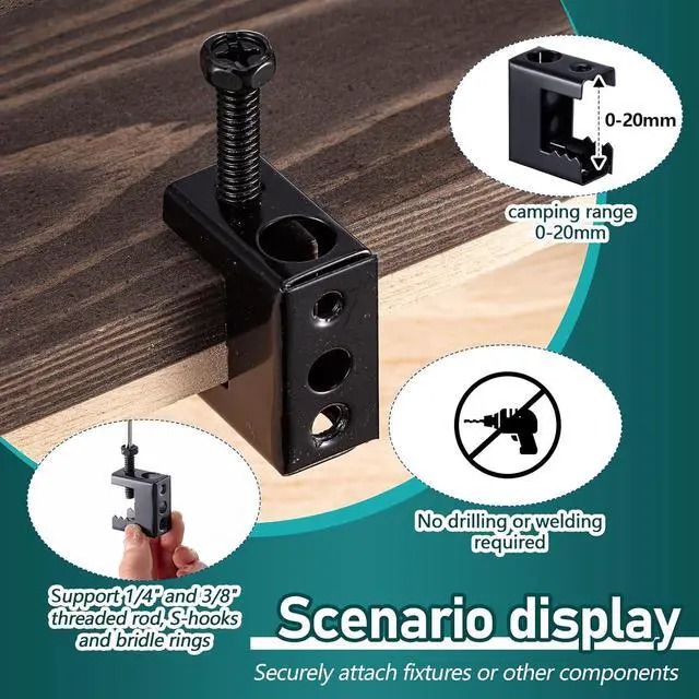 Alt view image 4 of 6 - 100 Pcs 1/4"-20 Spring Steel Beam Clamps Metal Beam Hangers Bolt on Clamp for Installation on Beams 1/4" and 3/8" Threaded Rod, S Hooks Bridle Rings for Pipe Cable Woodworking Tool (Black)
