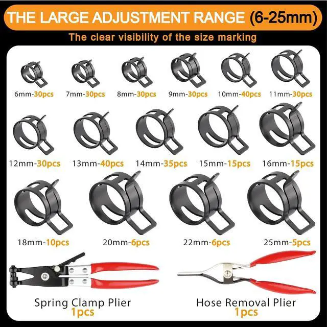 Alt view image 4 of 7 - 352Pcs 6-25mm Spring Band Hose Clamps Kit with 2Pcs Hose Clamp Pliers for Automotive,Marine,Gardening