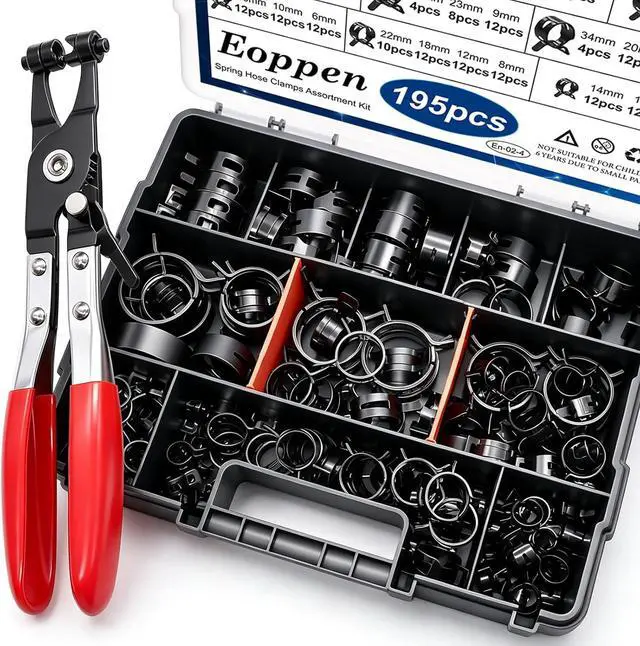 Main image of 195Pcs 6-38mm Spring Hose Clamps Assortment Kit with Swivel Flat Band Fuel Hose Clamp Plier - 23 Sizes Fuel Line Silicone Vacuum Hose Low Pressure Air Clamps