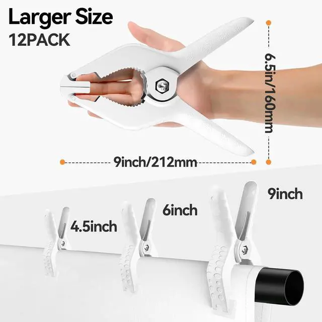 Alt view image 3 of 7 - 12 Pack Heavy Duty Spring Clamps 9 Inch Plastic Large Professional Backdrop Clips Clamps for Backdrop Stand, Photography Studio, Balloon arch, Photoshoot, Woodworking, Crafts, Pool Cover-White