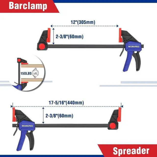 Alt view image 2 of 7 - 10-Pack Clamps for Woodworking, 12" & 6" Bar Clamps, 2 Quick-Release Ratcheting Wood Clamps and 4 Spring Clamps, Light Duty F Clamps/Spreader 150 LBS Load Limit
