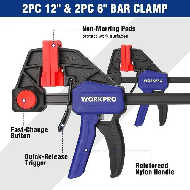 Alt view image 5 of 7 - 10-Pack Clamps for Woodworking, 12" & 6" Bar Clamps, 2 Quick-Release Ratcheting Wood Clamps and 4 Spring Clamps, Light Duty F Clamps/Spreader 150 LBS Load Limit