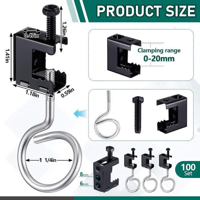 Alt view image 2 of 6 - 100 Set 1/4"-20 Spring Steel Beam Clamps Metal Beam Hangers Bolt on Clamp with Metal Machine Threaded Bridle Rings for Pipe Cable Woodworking Tool (Black,1 1/4 Inch Bridle Rings)